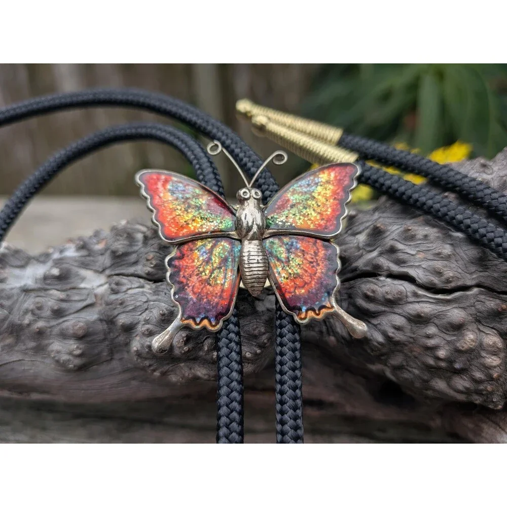 Handcrafted Stamped Metal Butterfly Bolo Tie, Butterfly Western Necklace
